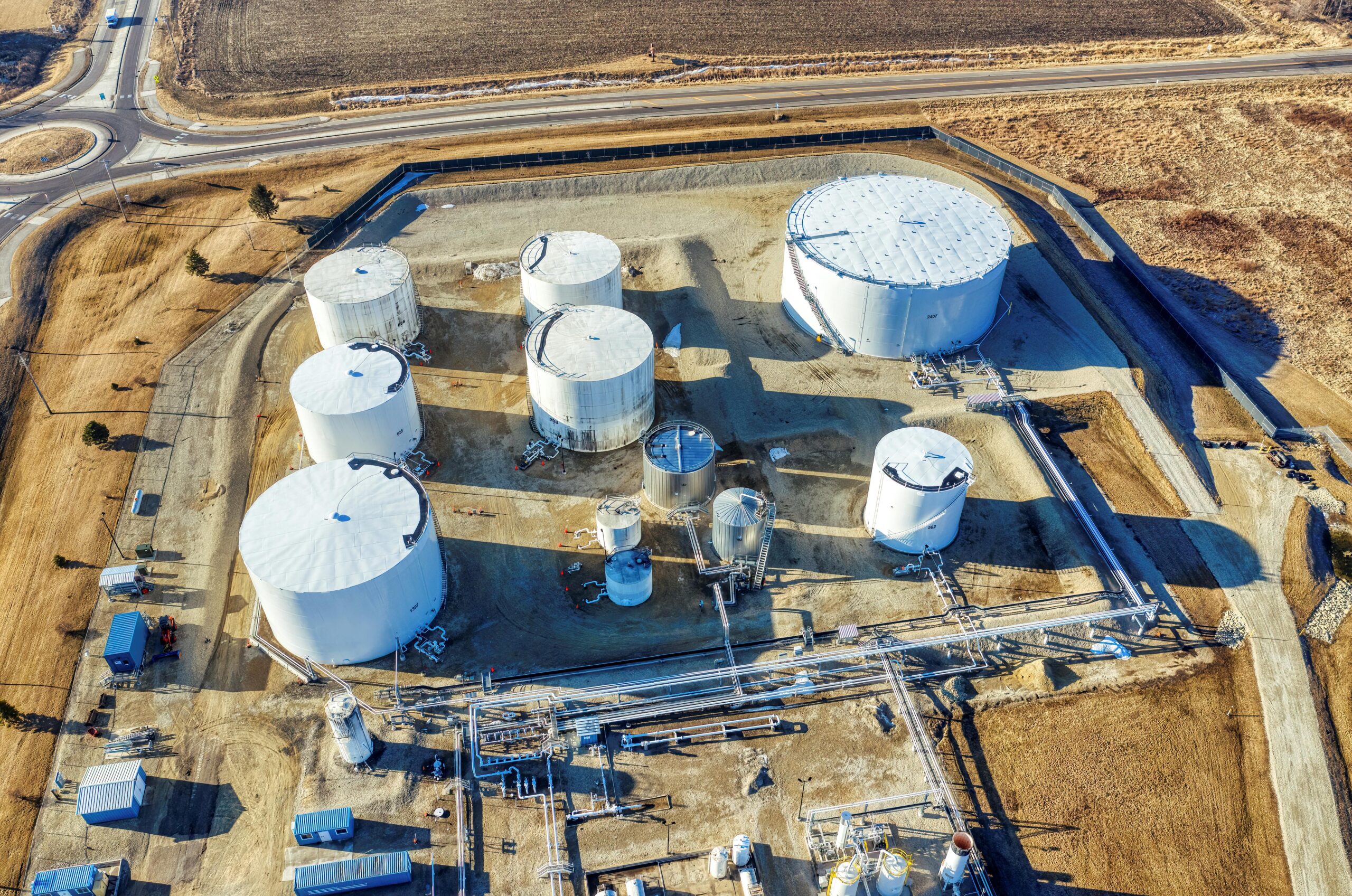 Aerial shot of a large industrial plant with storage tanks in Eyota, Minnesota.